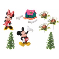 72159 Kit decorare tort Mickey si Minnie Mouse cu casuta , brazi si ciupercute rosii din plastic Disney Modecor 